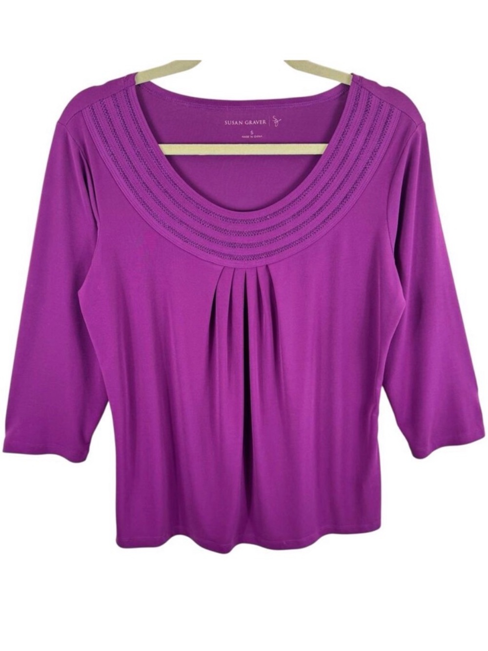 Susan Graver Purple 3/4 Sleeve Pleated Lightweight Stretchy Blouse Size S